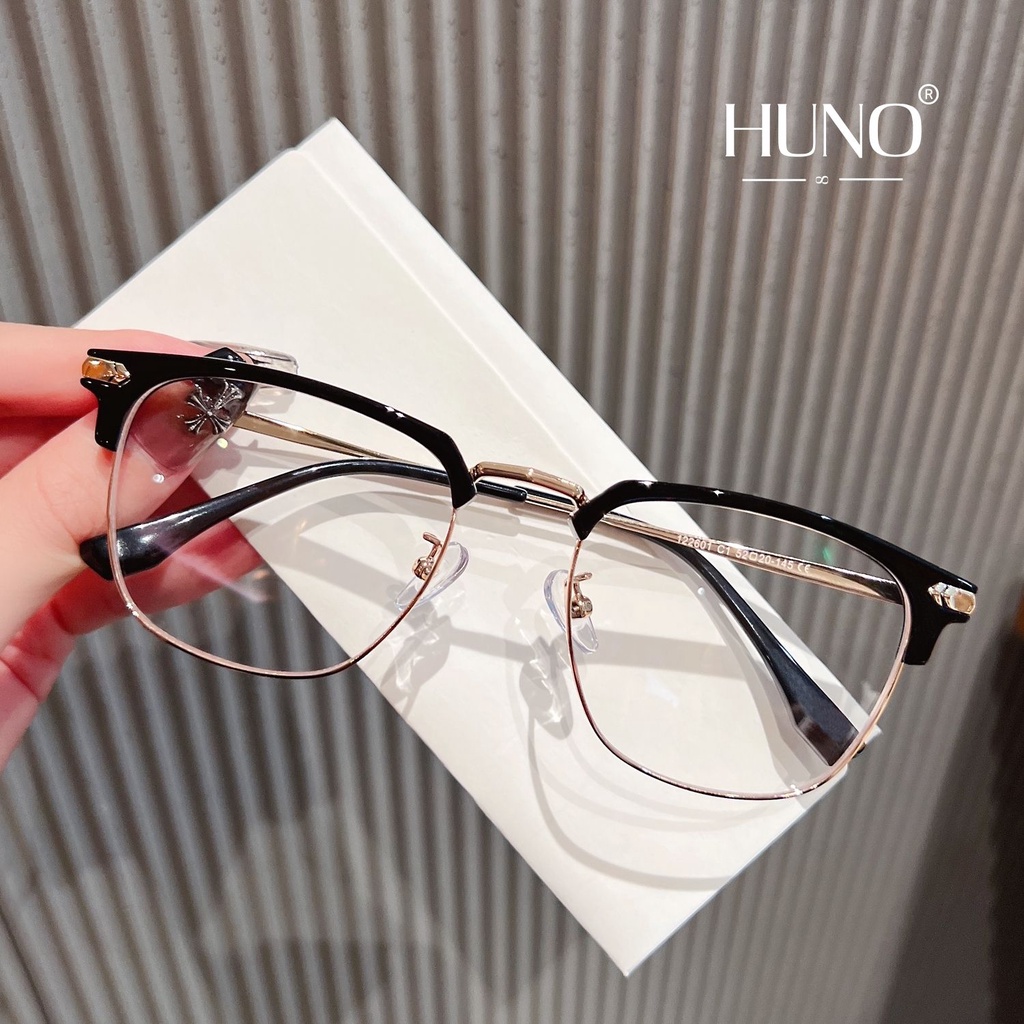 Mắt kính Nam Nữ thời trang HUNO, gọng kính cận nam vuông kim loại cao cấp 0 độ chống ánh sáng xanh và tia UV K68
