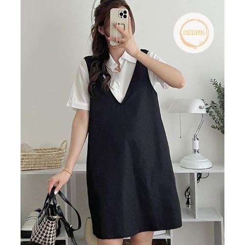 SET ÁO SƠ MI CỘC TAY KÈM VÁY YẾM DÁNG NGẮN BASIC