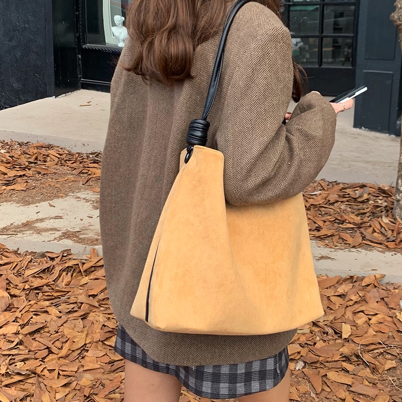 Túi Xách Tote Vải Da Lộn (Hỏa tốc) Nâu Retro Có Ngăn Phụ Bên Trong Dung Tích Lớn Sinh Viên Đại Học Jess126