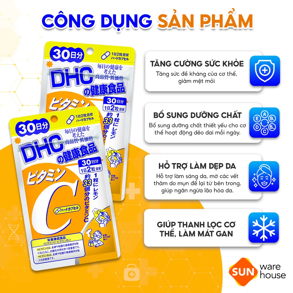 Viên Uống Bổ Sung Vitamin C DHC Vitamin C Hard Capsule Hỗ Trợ Sáng Da, Mờ Thâm, Tăng Sức Đề Kháng Gói 60v và 180v