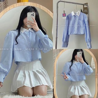 Áo sơmi croptop dài tay kẻ sọc công sở túi ngực | ןɐı̣ɔı̣ɟɟo ǝɯznɥɔ