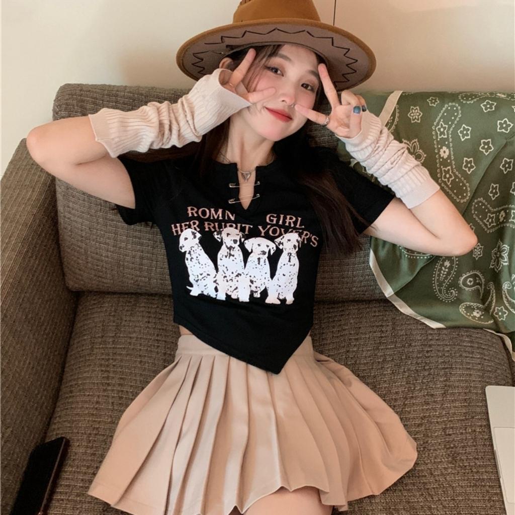 Áo croptop nữ vạt nhọn ngắn tay in hình những chú chó dễ thương GenY, Áo kiểu nữ ôm body -C19-