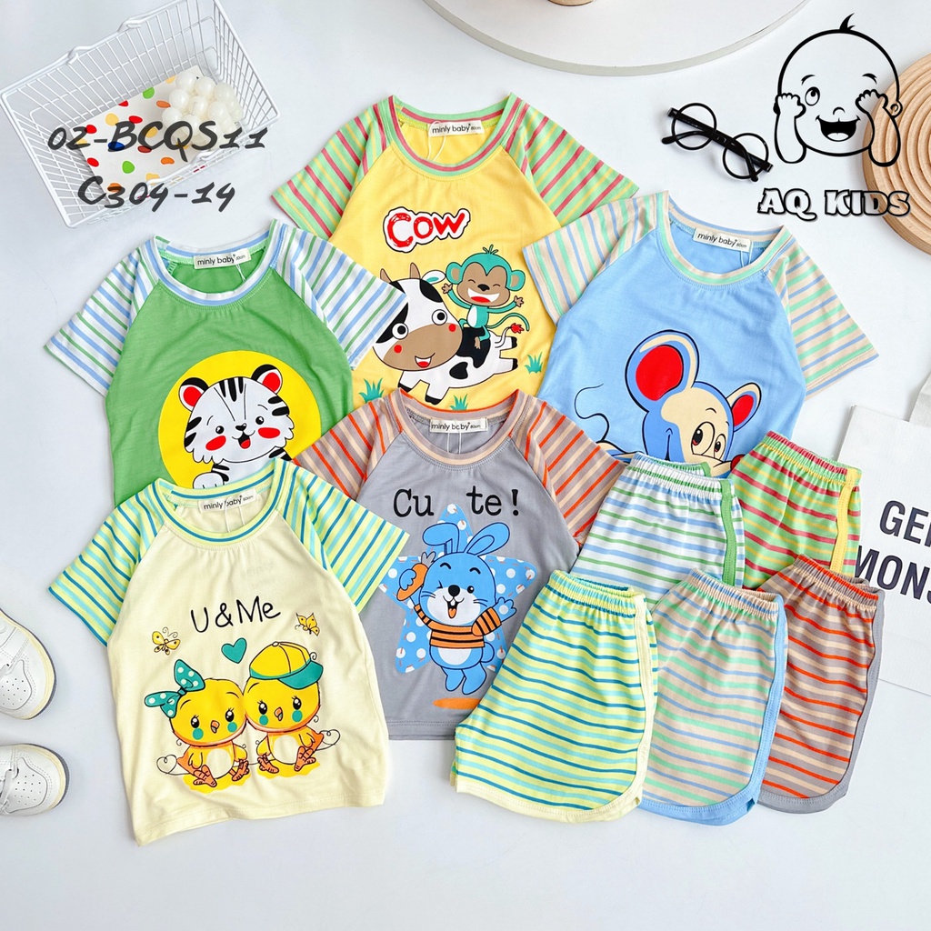 Quần áo đồ bộ trẻ em đồ bộ bé trai bé gái tay ngắn raglan in hoạt hình quần vát sọc