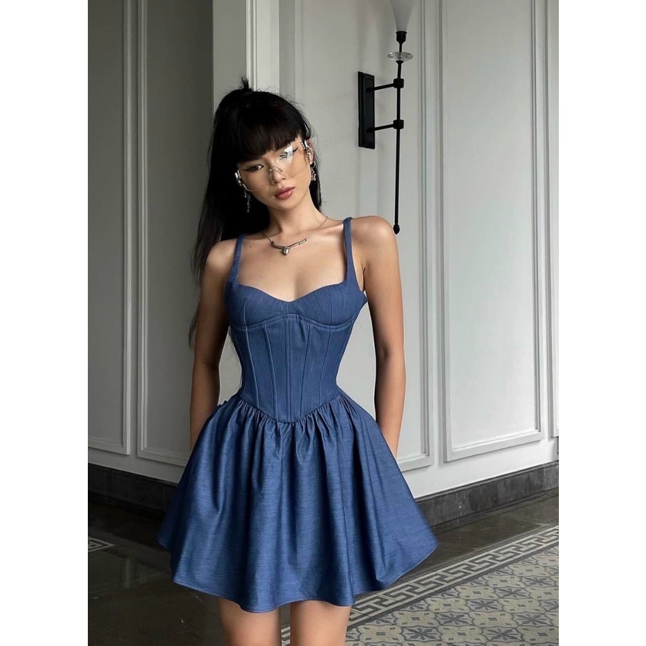 ĐẦM JEANS HAI DÂY DÁNG NGẮN XẾP LI XÒE SEXY