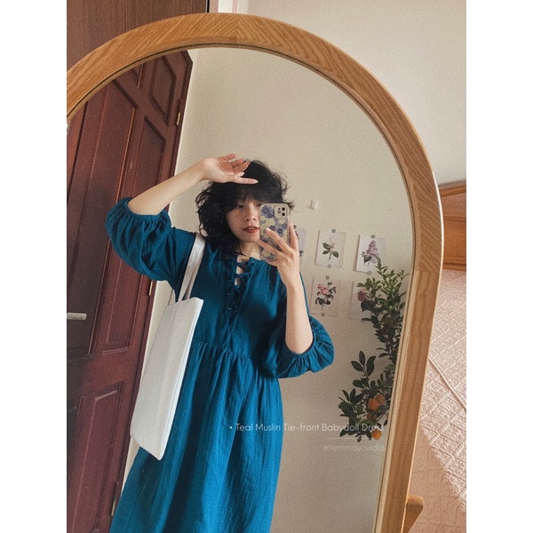 Đầm váy babydoll xô muslin xanh cổ vịt cổ đan dây đáng yêu tay bồng (ảnh thật tự chụp)