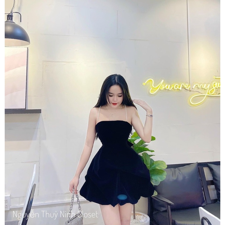 Đầm thời trang nữ mặc đi chơi chất nhung cao cấp 2 dây cườm phồng dễ thương