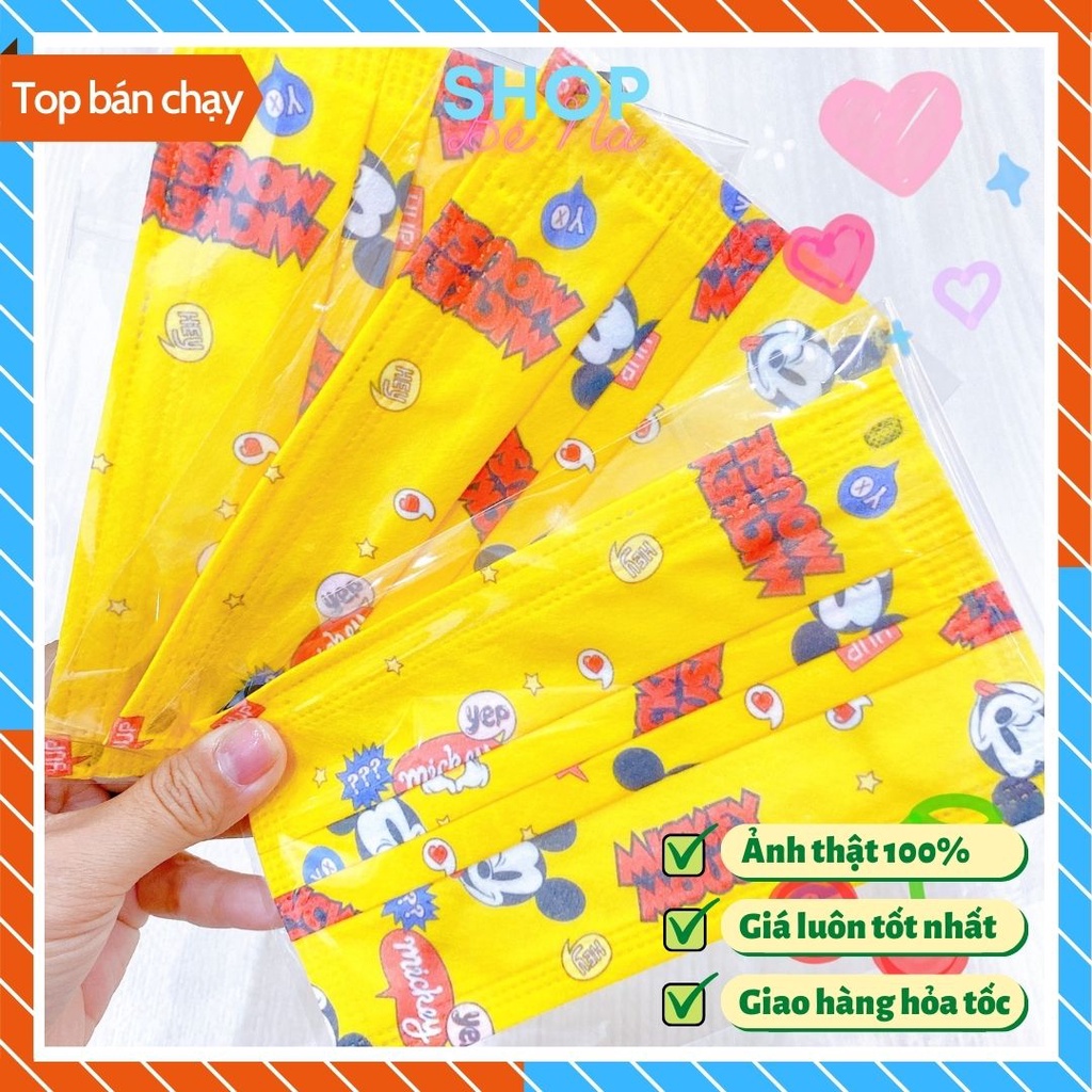 Khẩu trang hình dễ thương set 50 cái loại y tế hoạt hình mickey màu vàng tươi sáng đẹp sắc nét dày dặn