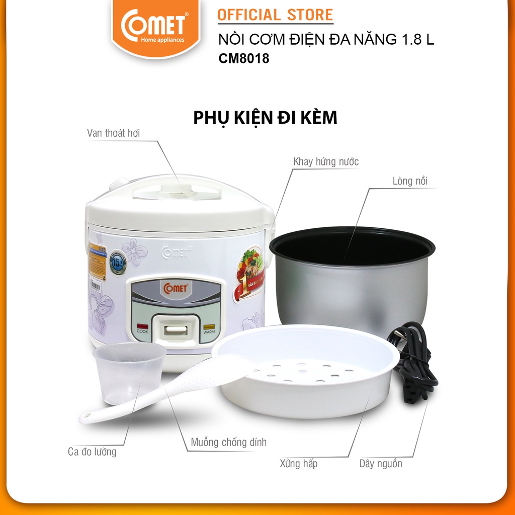 [Mã ELCMVIP1 giảm 10% đơn 699K] Nồi cơm điện 1.8L COMET - CM8018