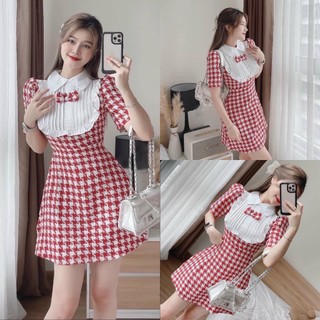Đầm váy nữ sọc caro phối cổ bèo dập ly đính nơ tiểu thư sang trọng,kiêu sa thời trăng nữ MOON