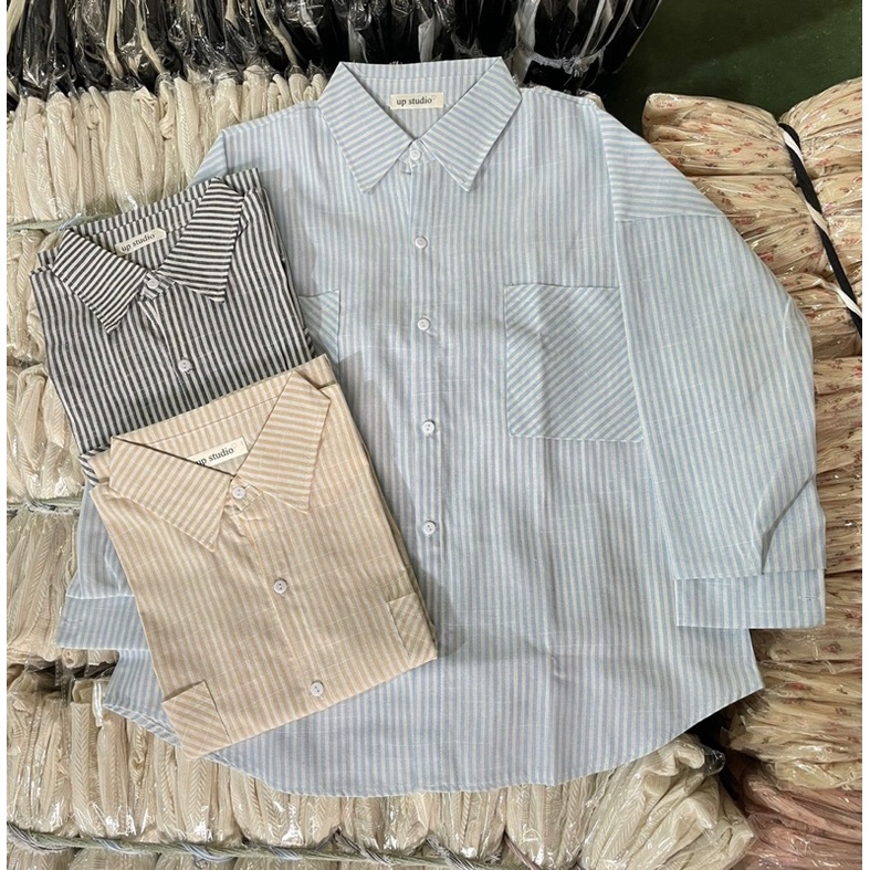 Áo sơmi kẻ sọc dài tay dáng unisex chất cotton hàng chuẩn l1