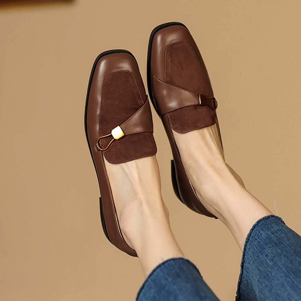 PunkyRabbit Giày Da Nữ Retro Phong Cách Pháp Vuông Toecap Cao Su Chống Trơn Trượt Công Sở Ngoài Trời