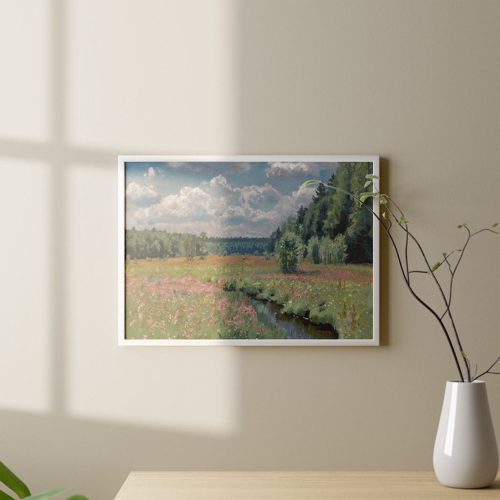 Tranh treo tường, Vintage Spring Landscape Painting Wall Art Antique Spring Landscape Oil Painting  Wildflower Field.