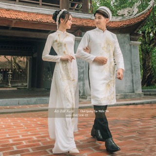Áo dài cặp cô dâu chú dể cưới hỏi trắng qq06