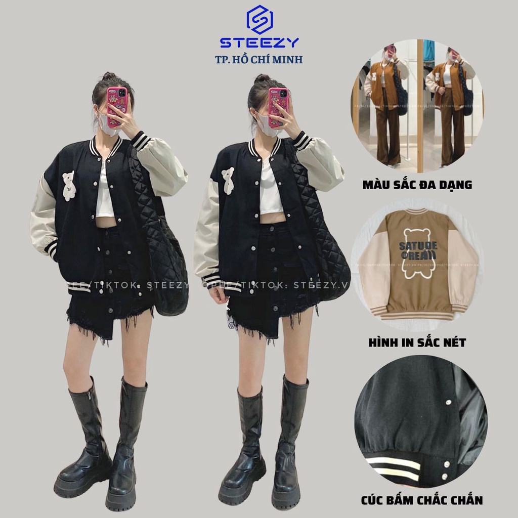 Áo khoác bomber form rộng vải da lộn mặt nhung lót gió in hình gấu chữ SATUDE - KB0017