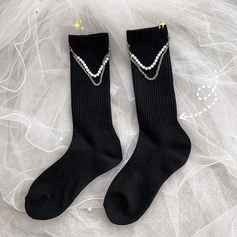 Vớ Cổ Cao Màu Trơn Đính Ngọc Trai Thời Trang Xuân Thu Dễ Thương Cho Nữ