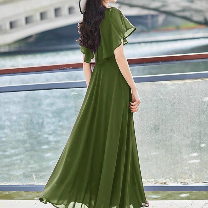 Đầm váy maxi dài cổ tròn cách điệu thoải mái cho nữ Đầm váy xòe maxi tay bèo màu trơn