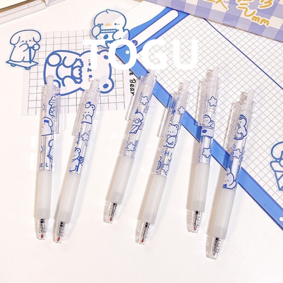 Bút bi bấm hình gấu cute TOGU bút viết trong suốt in hình sticker mực mau khô ngòi 0.5mm ruột bút dễ thay
