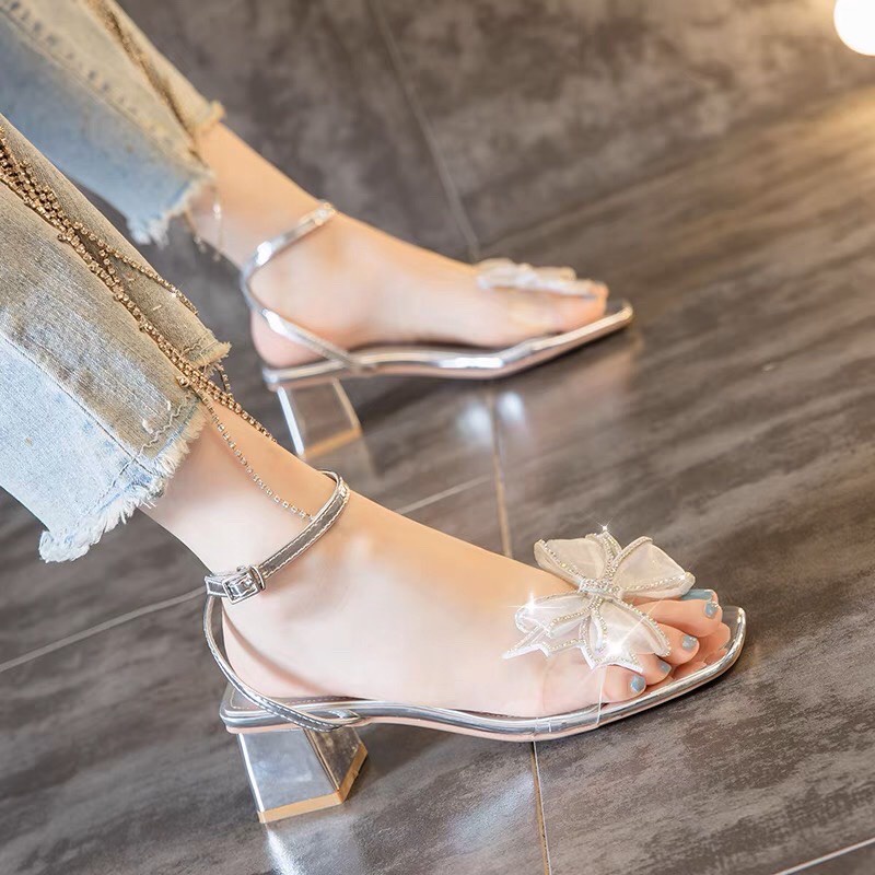 Giày sandal nữ nơ kim tuyến FAROSA - N7 đế trụ vuôn 5cm quai hậu mảnh lên chân sang chảnh