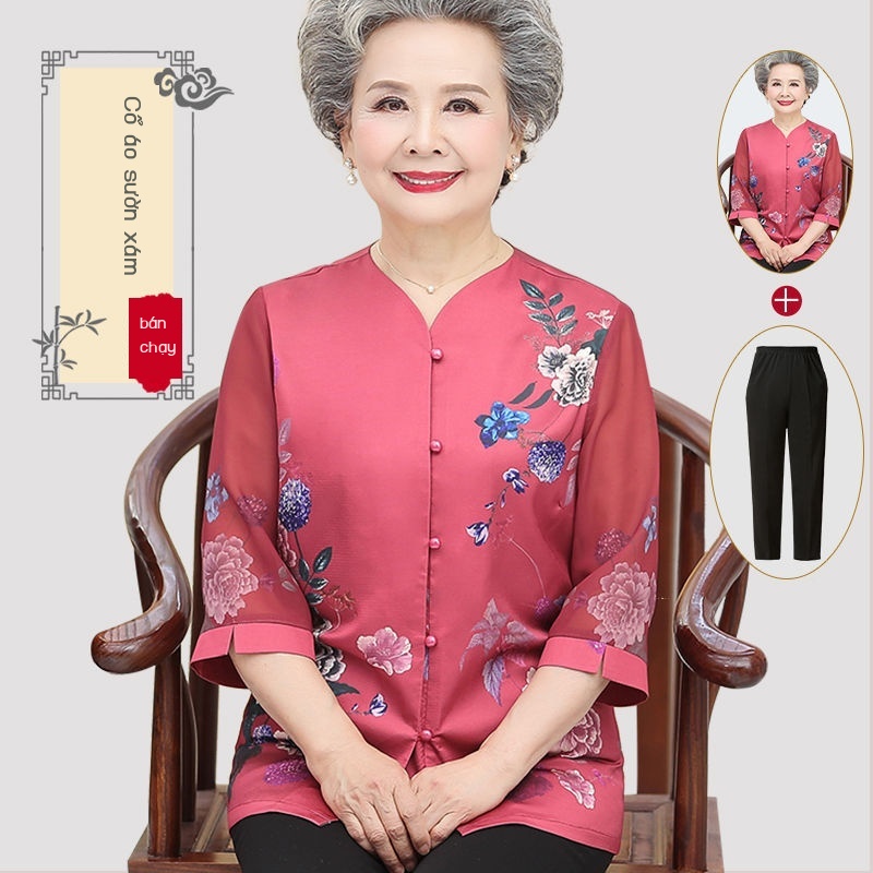 Quần áo phụ nữ lớn tuổi bà ngoại áo sơ mi mùa hè mới 60-70 người thời trang quần áo xuân hè