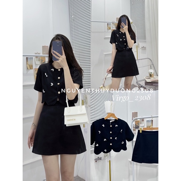 SET ÁO TAY CỘC MIX CHÂN VÁY ĐÍNH ĐÁ LƯỢN SÓNG”RULY BLACK” siêu xinh