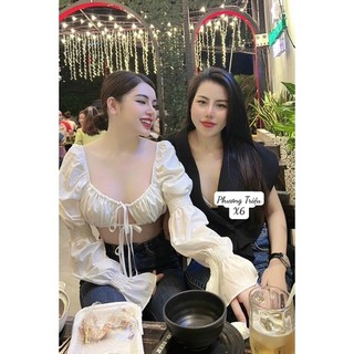 Áo croptop nữ tay bo chun tiểu thư