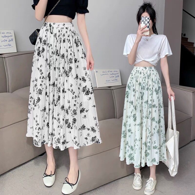 Chân Váy Hoa Nhí Xếp Li Hàng QCCC 2 Lớp