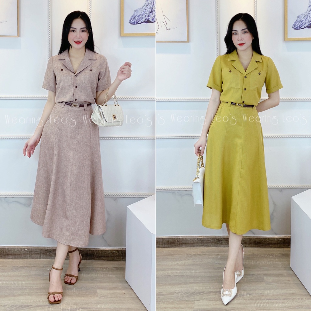 Set chân váy xòe lưng cao dài qua gối mix áo sơ mi ngắn tay LEOSWEARING A165 A166
