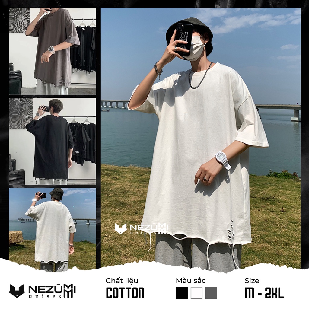 (Sẵn đen, trắng) Áo thun tay lỡ rách gấu tạo layer hiphop đường phố - Áo phông unisex nam nữ