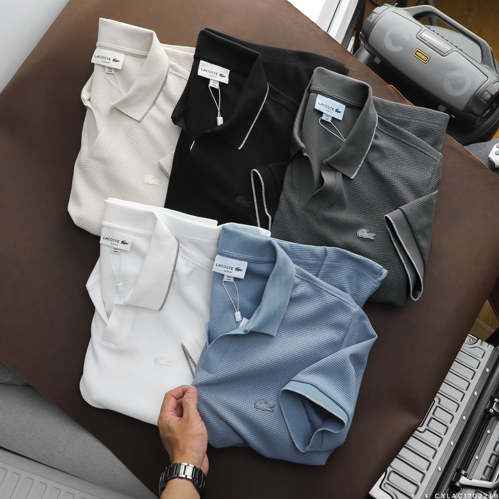 Áo Polo Nam Cộc Tay Lacoste cổ chớm viền , Form slim, Vải mắt cá mập, 5 colors, Hàng VNXK