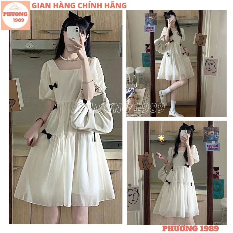 Váy babydoll TRẮNG ĐÍNH NƠ cổ vuông siêu xinh cho nàng, Đầm tiểu thơ xinh xắn HOT TREND công chúa bánh bèo - 1989