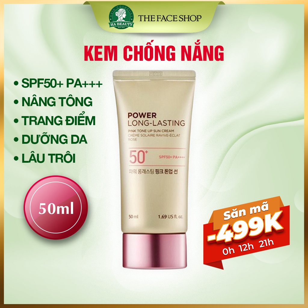 Kem chống nắng nâng tông The Face Shop trang điểm dưỡng da Power Long Lasting Pink Tone Up Sun Cream SPF50+PA+++ 50ml