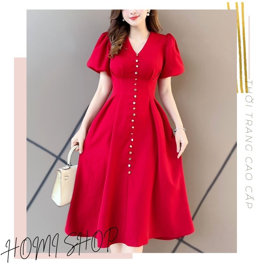 Váy thiết kế cổ V đỏ đô - XU XU SHOP - Đầm dự tiệc tôn dáng nổi bật, váy đi đám cưới, công sở, dạo phố - ẢNH THẬT