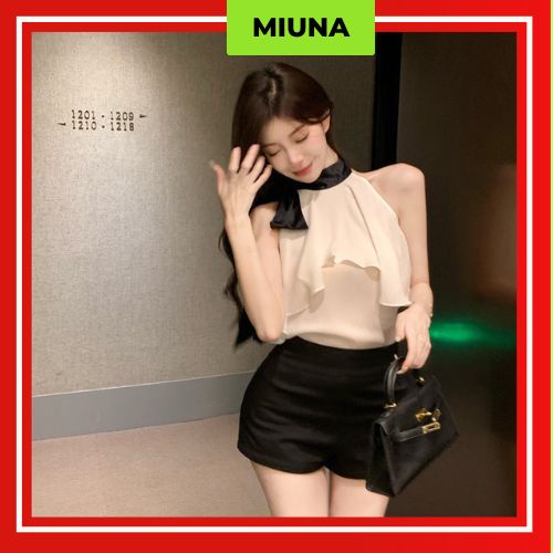 Áo cổ yếm bèo Miuna hở vai, Áo chiffon thắt nơ ở cổ vải voan tiểu thư phong cách Hàn Quốc