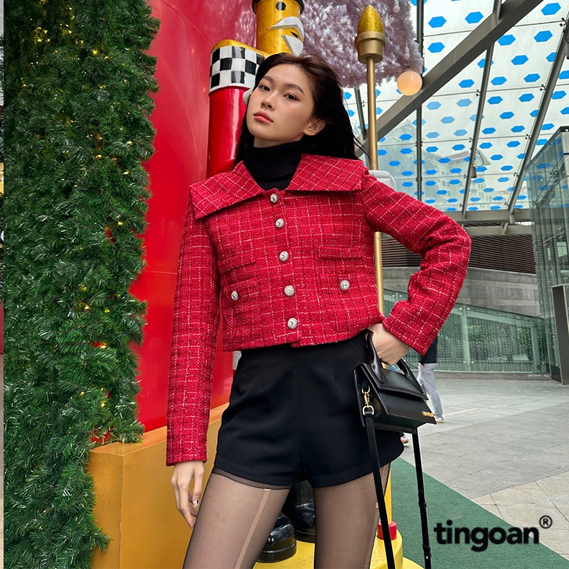 TINGOAN® - Áo khoác tweed đỏ lấp lánh lửng cổ bẻ thủy thủ đính cúc đá SAILOR MOON JACKET/DR