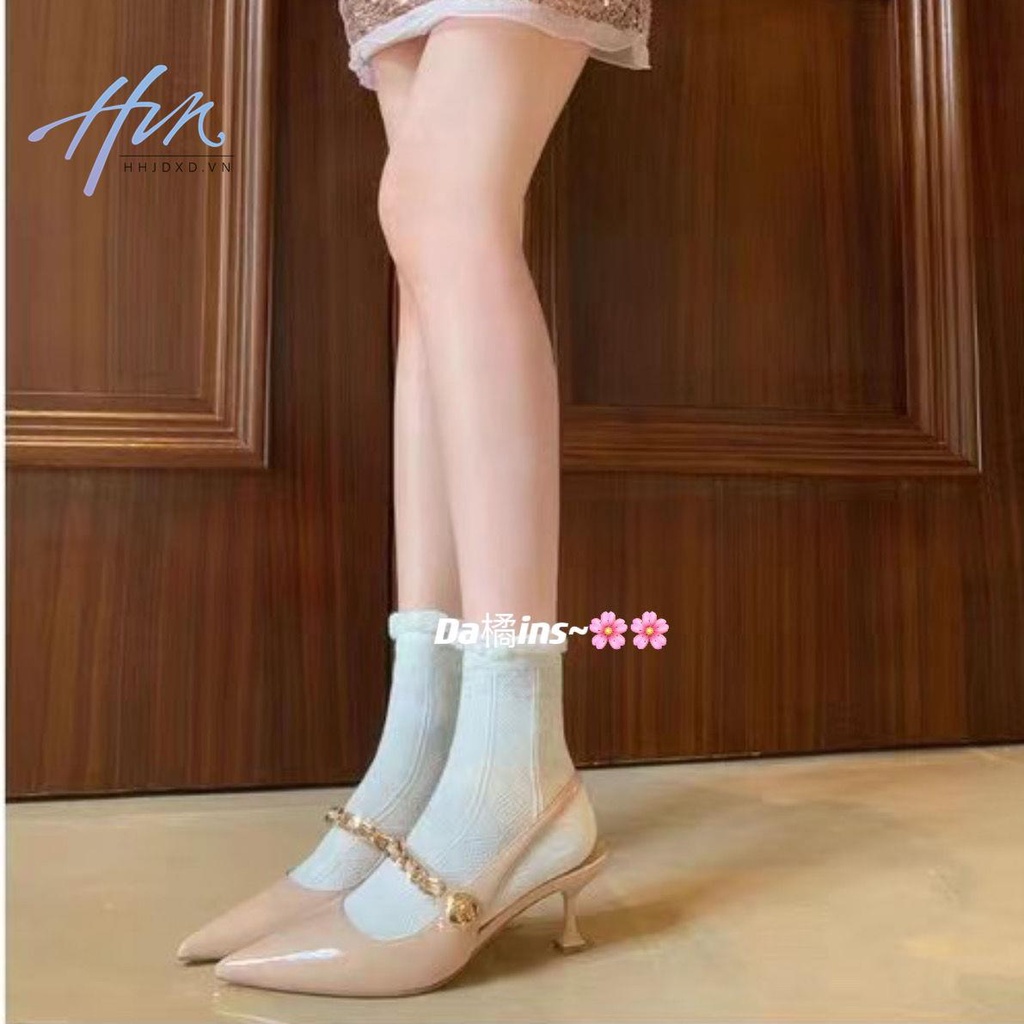 Sandal Cao Gót Mũi Nhọn Hở Ngón Phối Khóa Vàng Phong Cách Thời Trang Hàn Quốc 2023