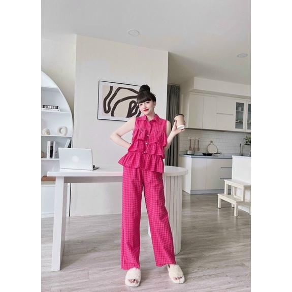 Set Bộ Sọc Caro Dài Áo Sơ Mi Đũi Sát Nách Tầng Babidoll Kèm Short