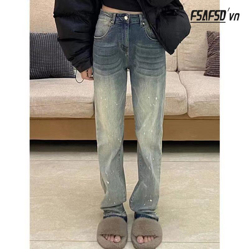 Quần Jean Dài Ống Đứng Dáng Rộng Phong Cách Retro Mỹ Thời Trang Cho Nữ