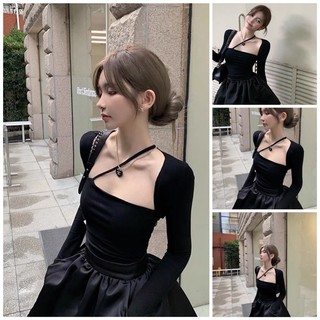 Áo kiểu thun croptop nữ cổ vuông đính dây chéo