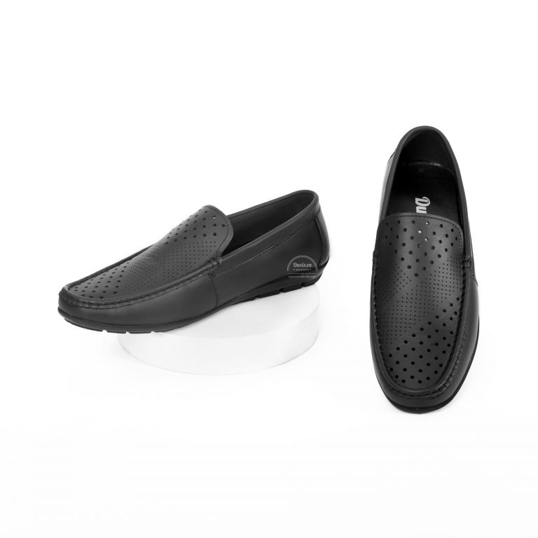 Giày Lười Nam Da Bò Đục Lỗ Duvis L113 Màu Đen.