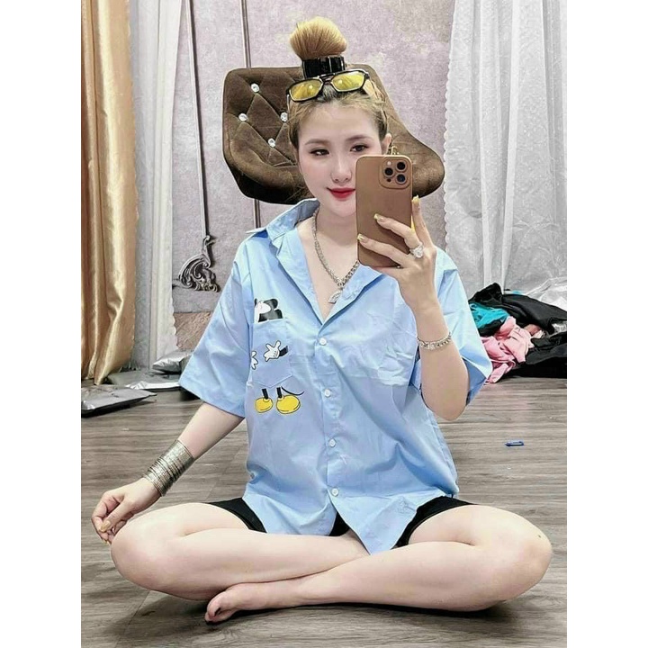 [3,3 Sales Freeship] Set bộ sơ mi from rộng tay ngắn in hình mickey phối quần ngố, set bộ lửng đi chơi trẻ trung dx