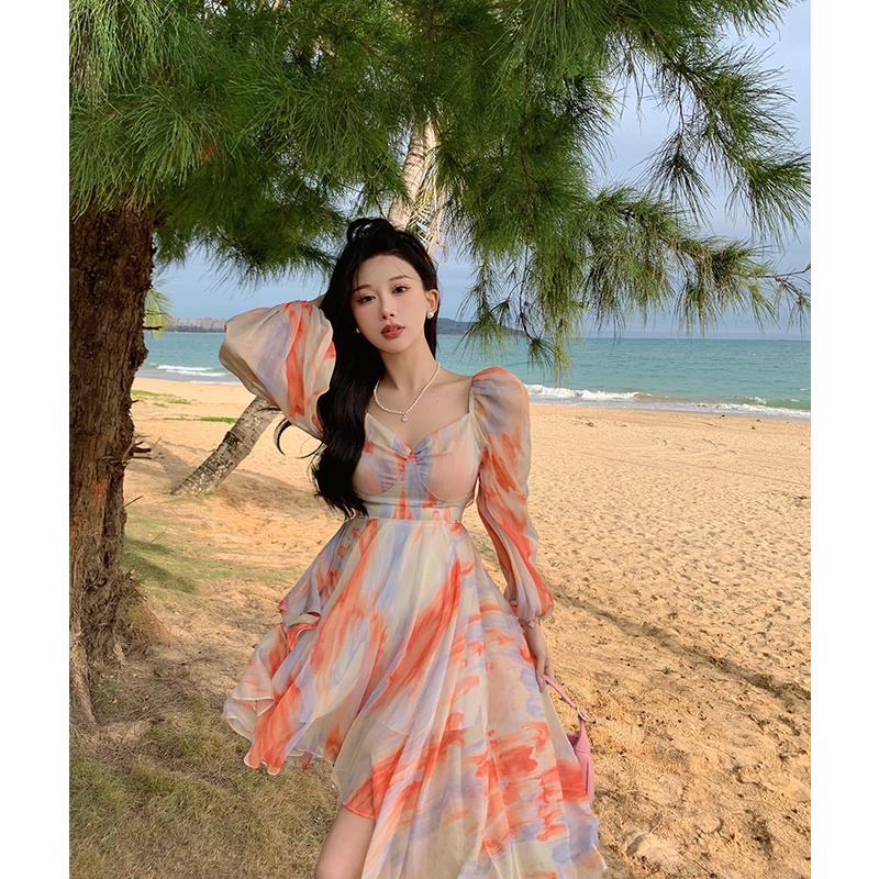 Váy đi biển nữ LUHAZO đi chơi du lịch màu hồng loang bồng bềnh tiểu thư vải lụa mềm sang chảnh Hàn Quốc thời thượng 2023