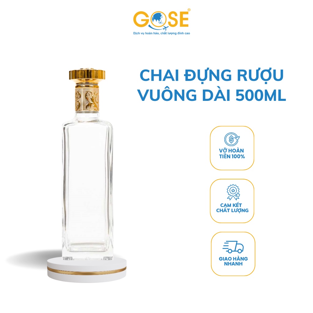 Chai thủy tinh đựng rượu 500ml GOSE dáng vuông nắp vàng cao cấp chiết thực phẩm