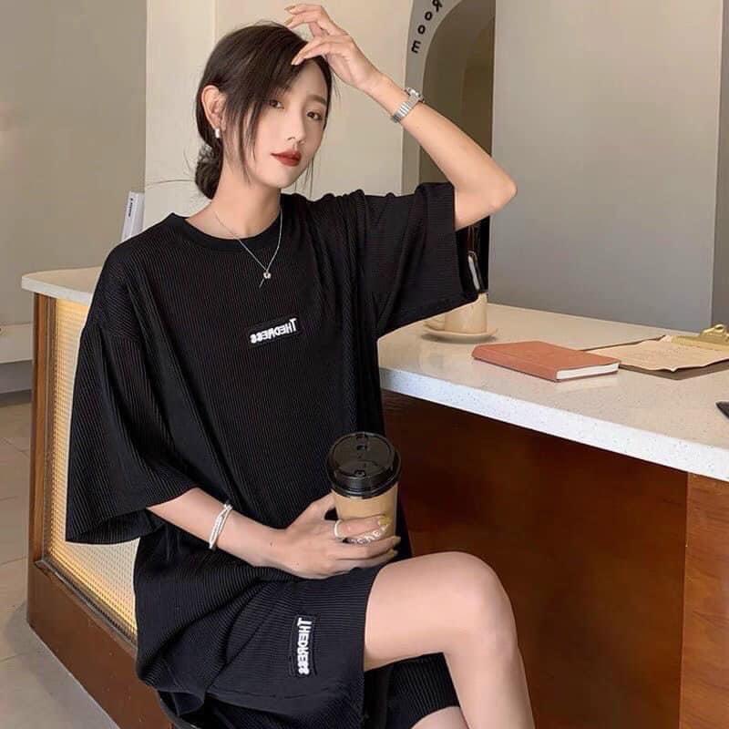 Set bộ thể thao nam nữ UNISEX chất  nhung tăm thêu logo THEDRESS màu trắng đe- áo thun tay lỡ kèm quần short đùi ulzzang