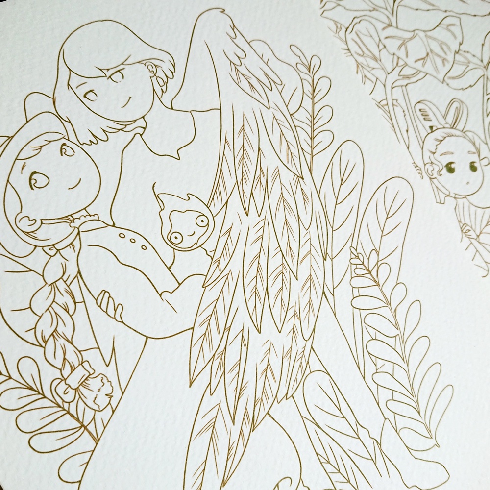 Tranh tô màu / Tranh tô màu nước Ghibli họa sĩ Three Leaves / Line Art / Khổ A5 A4 dày 300gsm