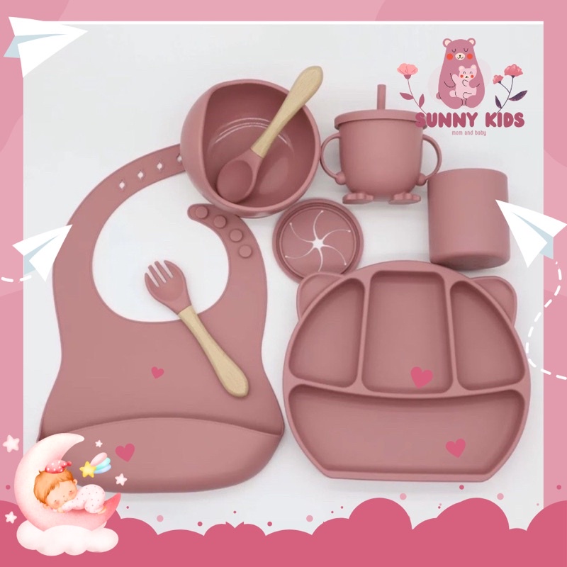 Set khay ăn dặm (sẵn hàng)silicon 7 chi tiết siêu đẹp chắc chắn cho bé sẵn hàng- Sunny Kids