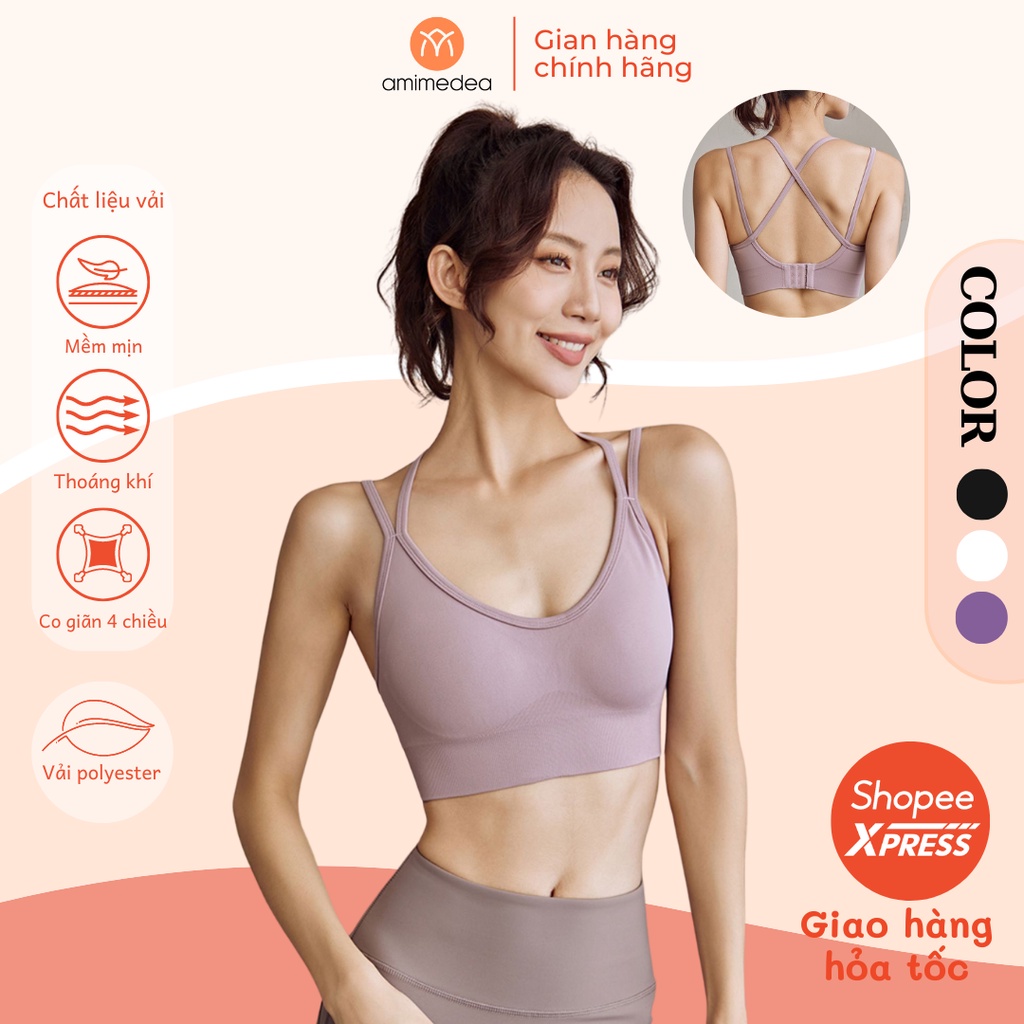 Áo lót bra thể thao nữ, tập gym yoga cao cấp AMI Medea dây đan chéo lưng, đệm mút may cố định, 3 nấc điều chỉnh G3-012