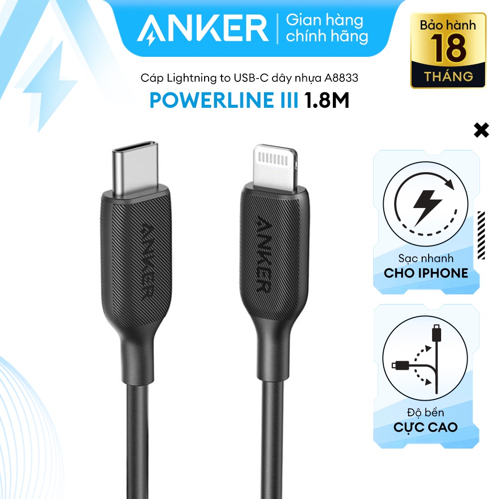 Cáp Anker PowerLine III USB-C to Lightning, 1.8m - A8833