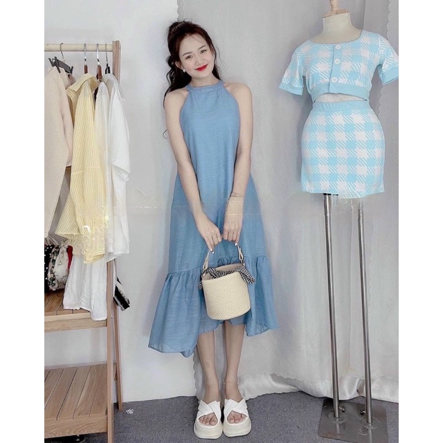 ĐẦM MAXI SUÔNG XANH CỔ YẾM ĐUÔI CÁ