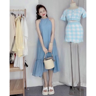 ĐẦM MAXI SUÔNG XANH CỔ YẾM ĐUÔI CÁ