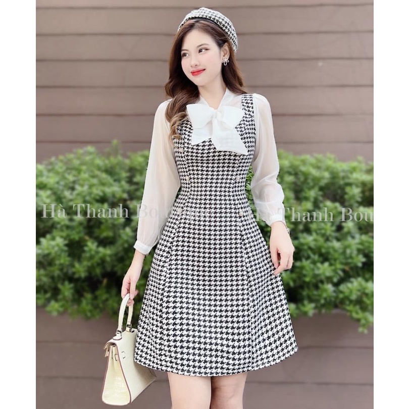 Đầm caro tiểu thư phối áo tay phồng đi tiệc cổ áo sơ mi cột nơ nữ tính đẹp như hình